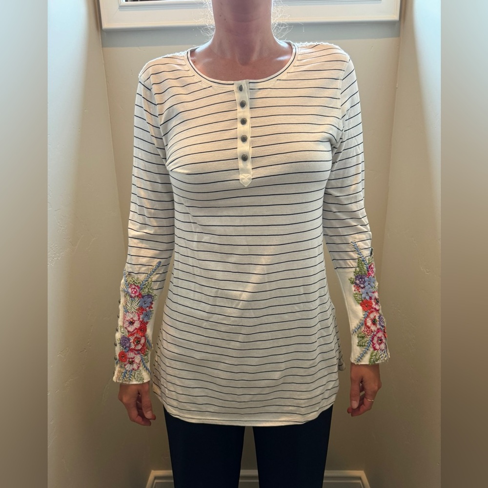 Aratta Striped Henley Top with Embroidered Sleeves
